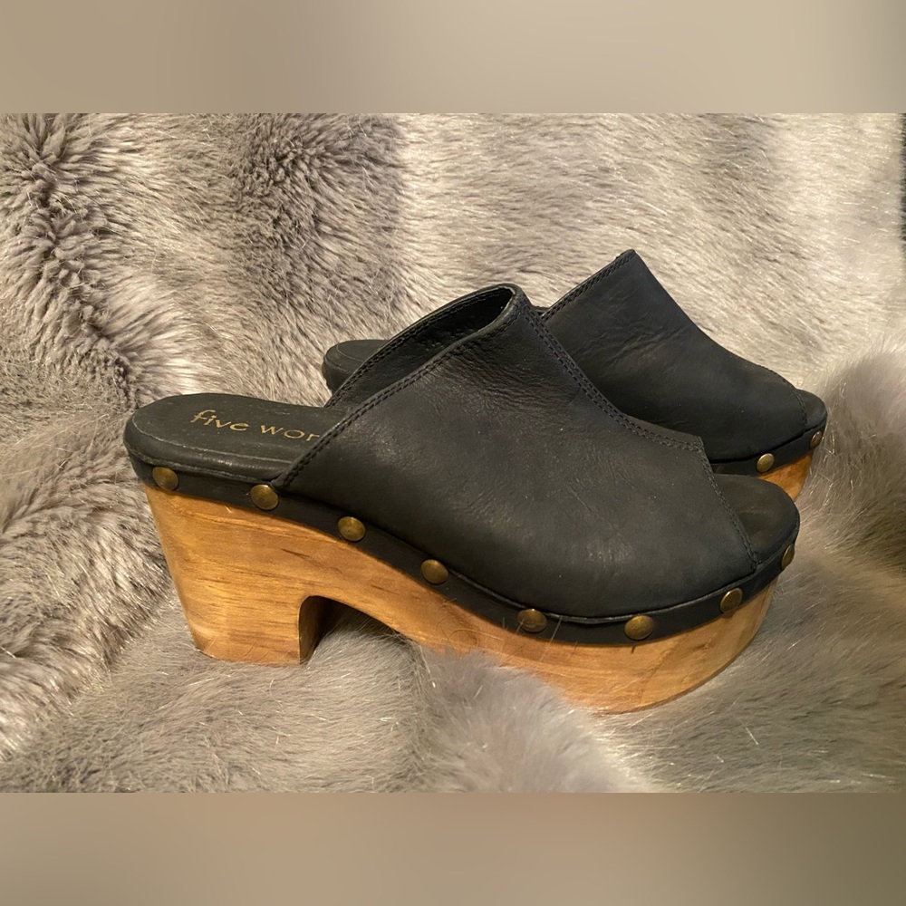 Peep Toe Leather and Wood Clogs